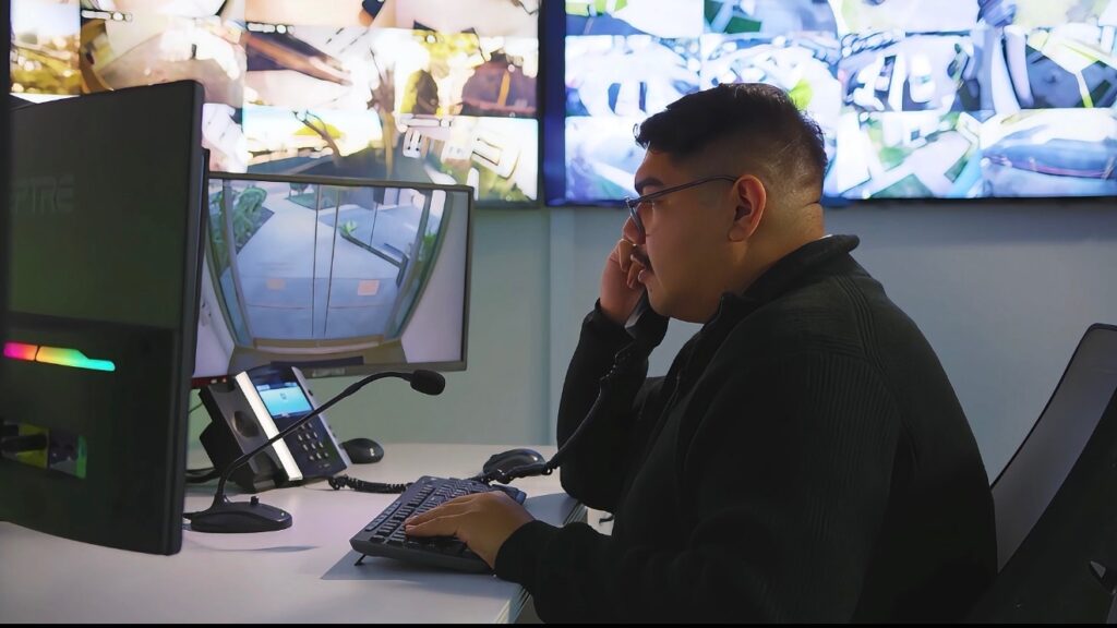 Remote video monitoring service operator watching live security camera feeds at a professional monitoring center