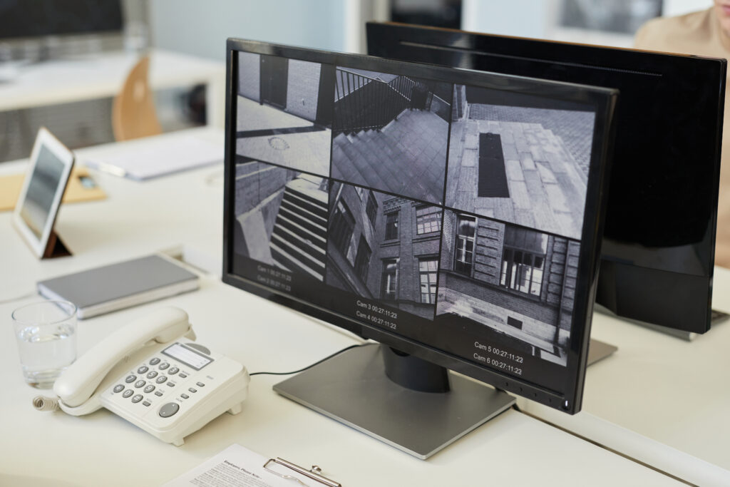 Security company demonstrating camera monitoring technology to a business owner