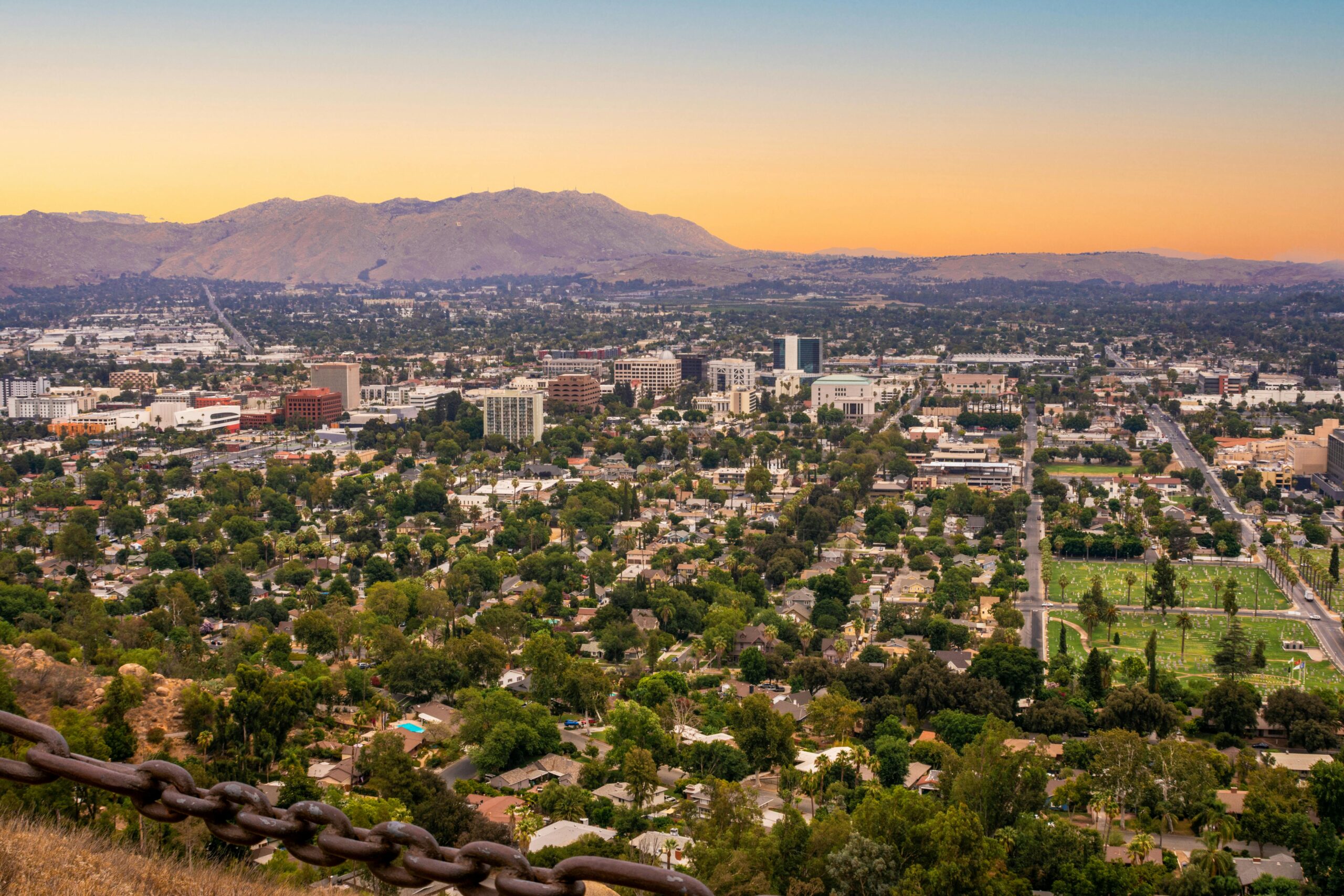 Northridge skyline with commercial buildings and surrounding San Fernando Valley landscape