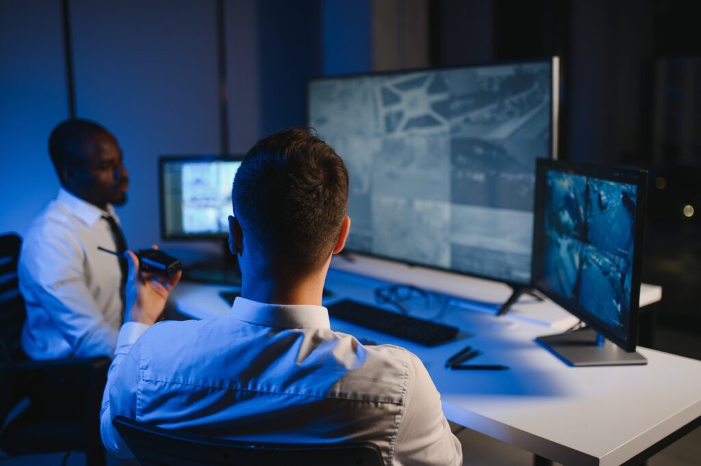 Live monitoring center with agents watching office building security camera feeds
